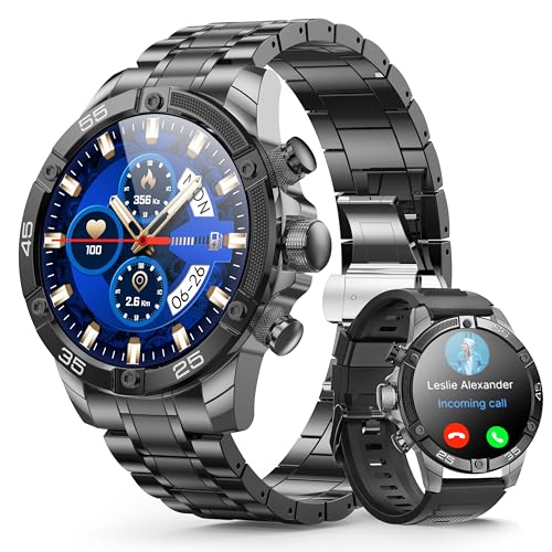 OHUGNA Men's Smart Watch Round HD 1.53" Gold Blue Smart Watches for Men, Multiple Sports Modes, Bluetooth Voice Call. Available for iOS and Android (Black Steel)