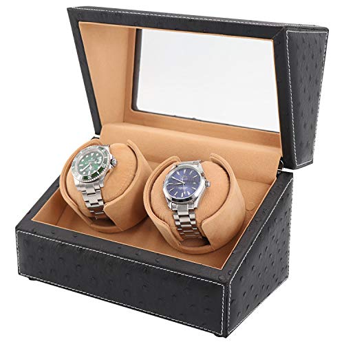 DRIKLUX Double Watch Winder for Rolex and Other Luxury Watches - Automatic Winder with Quiet Motor, Premium Black Ostrich Leather Exterior and Soft Flexible Watch Pillows of Camel Velvet