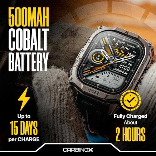 CARBINOX Edge Smart Watch Rugged, 1.96″ AMOLED, Stainless Steel, IP69K/5ATM Fitness trackers, Dual-Band GNSS, 500mAh, Bluetooth Calls, Smart Watch for Android Phones iOS (Black)