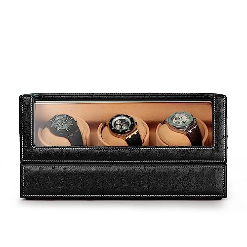 DRIKLUX Automatic Watch Winder for Rolex and Other Luxury Watches - Automatic Winder with Quiet Motor, Premium Black Ostrich Leather Exterior and Soft Flexible Watch Pillows of Camel Velvet