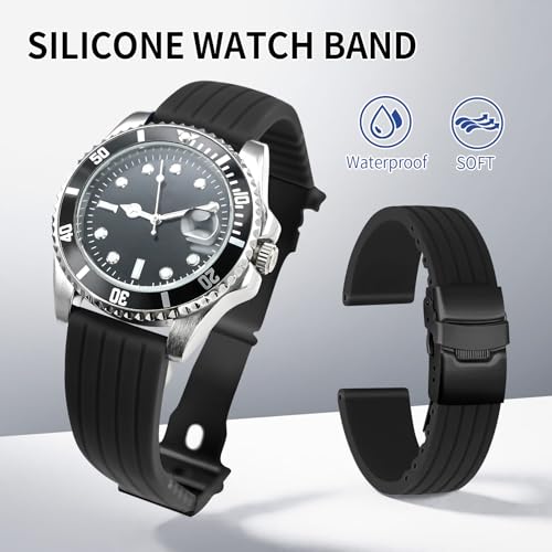 ULLCHRO Silicone Watch Strap Replacement Rubber Watch Band Waterproof Stripe Pattern - 16mm, 18mm, 20mm, 22mm, 24mm Watch Bracelet with Stainless Steel Deployment Black Buckle (22mm, Black02)