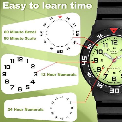 SOCICO Children Analog Watch Waterproof Time Teaching Boys Girls Watch Soft Band Learning Time Wrist Watch for Kids (Black-pre-Sale)