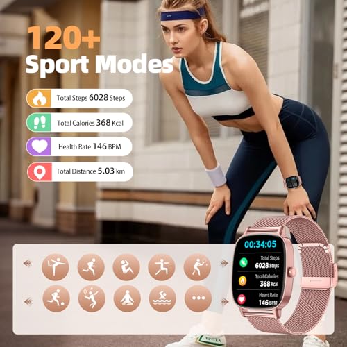 Smart Watch for Women, Answer/Make Call,1.85'' Ultra-Clear Screen Fitness Tracker with Heart Rate/Sleep/SpO2 Monitor,Smartwatch for iPhone/Samsung/Android,120+ Sport Modes,IP68 Waterproof with 2 Bands
