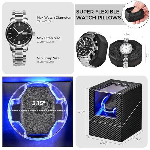 ANWBROAD Watch Winder for Automatic Watches, 4 Modes Single Automatic Watch Winder box with LED Crystal Design, Rotating Watch Case with Super Quiet Motor with Type-C Adapter,UJWW006C