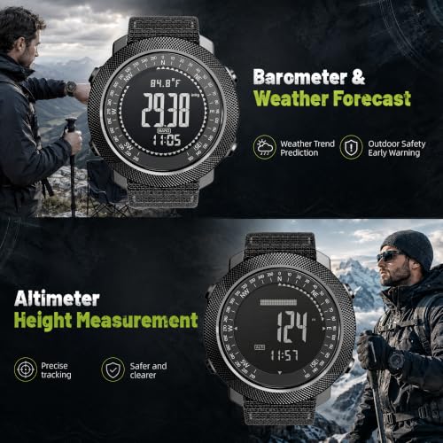 CakCity Digital Watch Military Tactical Watches for Men, 50mm Large Face Zinc Alloy Case with Breathable Double-Layer Nylon Strap, 5ATM Waterproof Shockproof, Altimeter, Barometer, Thermometer, Dual Time, Compass, Alarm, Stopwatch, Countdown