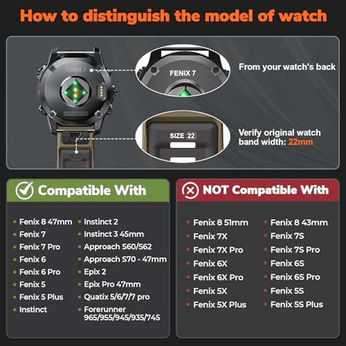 Quickfit 22mm Watch Bands for Garmin Fenix 8 47mm/7/6/5, Sports Silicone Bands Compatible with Garmin Fenix 8 Pro 47mm/7 Pro/6 Pro/5 Plus/Forerunner 935/945/955/965/Approach S60/S62/Epix 2