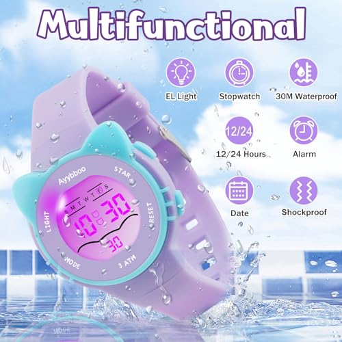 Ayybboo Kids Digital Watches for Girls Boys, 7 Color Lights Waterproof Cute Wristwatches for Kids with Alarm Stopwatch, Great Present for Girls Boys Ages 5-13