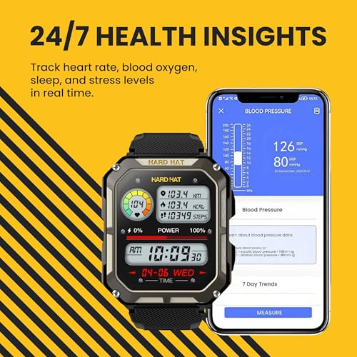 Hard Hat Watches - Rugged Smart Watch for Men, Original Smartwatch, Waterproof Smart Watch for Construction Work Men, with Fitness Trackers, Heart Rate Monitor, IP68, Pedometer, Workout Modes & More