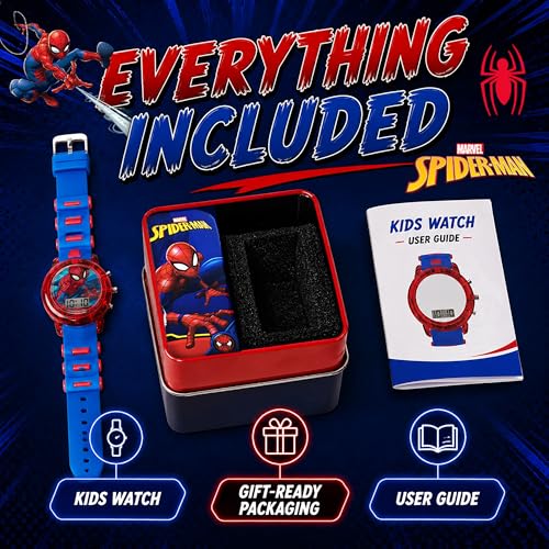 Marvel Spider-Man Kids' LCD Watch – Flashing LED Bullet Band, Digital Time Display, Red & Blue Design, Durable Plastic Case, Adjustable Silicone Strap – Fits Wrists 5.5" to 8"