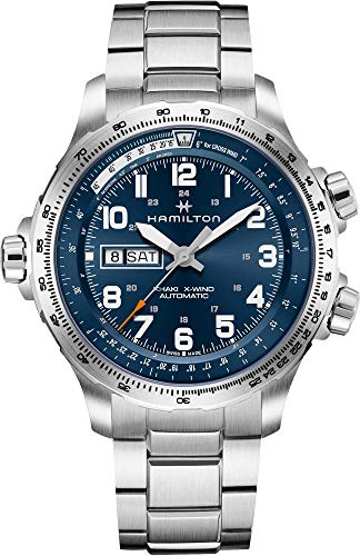 Hamilton Khaki Aviation Automatic Men's Watch, 45mm Stainless Steel Case, Swiss Made, Blue Dial Analog Wrist Watch for Men, 100m Waterproof, Sapphire Crystal, 3-Hand Movement, Stainless Steel Strap