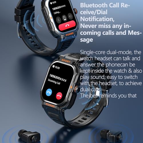 UYRGT Military Smart Watch with Earbuds for Men and Women,2'' Tactical Display,Sport Modes,Fitness Tracker,Heart Rate,Answer/Make Call, Sleep Monitor, SmartWatch Built-in Headphone Combo,iOS & Android