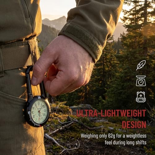 Toyvian Clip-on Carabiner Watches, 2 Pieces Glow in The Dark Quartz Pocket Watches Waterproof Luminous Fob Watch for Men Women Nurses Hikers Doctors Backpacking Heavy Duty Outdoor Timepiece