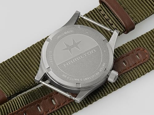 Hamilton Khaki Field Khaki Quartz Women's Watch, 33mm Stainless Steel Case, Swiss Made, White Dial Analog Wrist Watch for Women, 50m Waterproof, Sapphire Crystal, Textile Strap