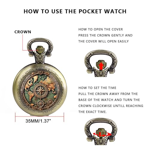 YIHAOYH Vintage Pocket Watch for Women Men Dragon Eagle Crow Design Bronze Quartz Pocket Watches with Chain Pendant Gift with Box (Bronze-map)