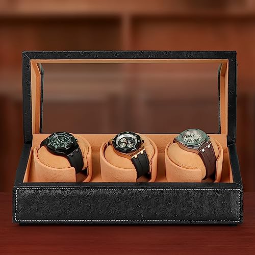 DRIKLUX Automatic Watch Winder for Rolex and Other Luxury Watches - Automatic Winder with Quiet Motor, Premium Black Ostrich Leather Exterior and Soft Flexible Watch Pillows of Camel Velvet