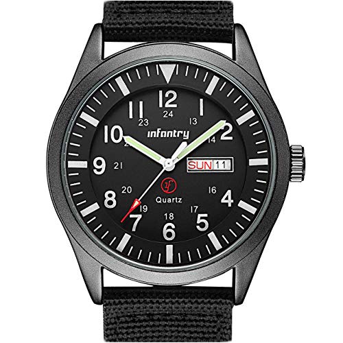 Infantry Mens Military Watch - Field Tactical Army Watch for Men with 12/24 Hour Time, Day Date, 5ATM Waterproof Analog Quartz Wristwatch, Durable Nylon Band for Outdoor Work Sport Black