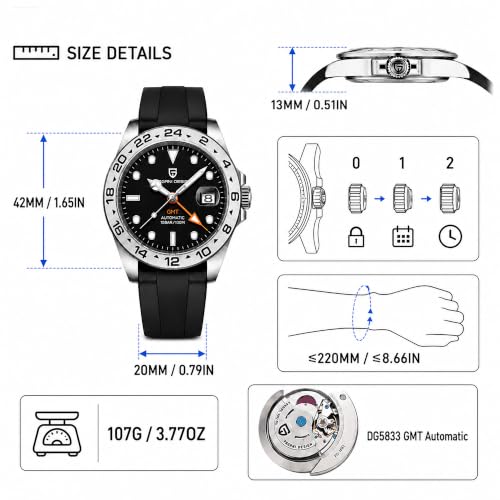Pagani Design Watches Men GMT Automatic Self-Winding Mechanical Analog Sapphire Sports Waterproof Luminous Wrist Watch (1682 All Black Rubber)