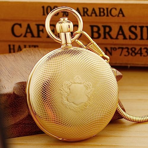 Whodoit Gold Smooth Shield Double Cover Men's Mechanical Pocket Watch, Double Cover Roman Moonlight Design Dial Chain Pocket Watch for Men