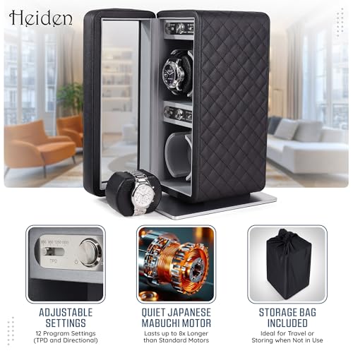 Heiden Monaco Double Watch Winder in Black Leather - Battery Powered or AC Adapter, 12 Program Settings, Diamond Stitched Vegan Leather, Soft Linen Interior, Large Interior Space for Large Watches