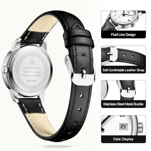 LN LENQIN Ladies Watches Analog Quartz Watch for Women Waterproof Women's Wrist Watches Easy Reader Womens Watch with Leather Strap（Black Silver White）