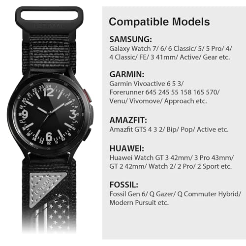 ULTIMAL 20mm Watch Band Compatible with Samsung Galaxy Watch 7 6 5 4 FE/6 4 Classic/5 Pro, Nylon Quick Release Strap Compatible with Garmin Vivoactive 6 5 3/Forerunner 645 55 245 165 (BLACK USA FLAG, L)