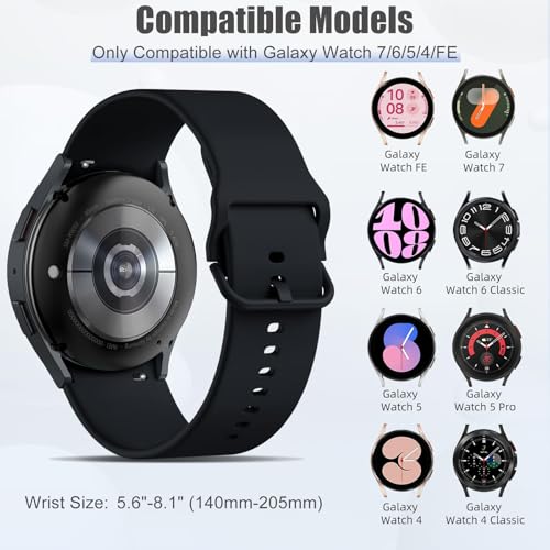 Maledan No Gap Bands Compatible with Samsung Galaxy Watch 4 5 6 7 FE Band 40mm 44mm Women Men, 20mm Soft Silicone Wrist Bands Replacement Bracelet for Galaxy Watch 5 Pro/6 Classic/4 Classic, Black