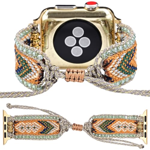 Braided Western Boho Nylon Band Compatible with Apple Watch Bands 38mm 40mm 41mm 42mm 44mm 45mm 49mm, Women Adjustable Bracelet Beaded Bohemian Strap for iWatch Series 9 8 SE Ultra 7 6 5 4 3 2 1 (38mm/40mm/41mm, Boho Green Orange)