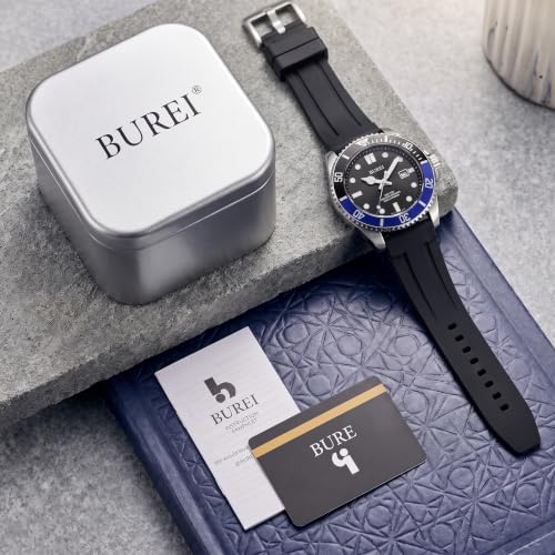 BUREI Men's Dive Watch, 200M Waterproof Analog Quartz Stainless Steel Fashion Classic Work Business Dress Wrist Watch for Men with Auto Date (Blue-Black, Silicone)