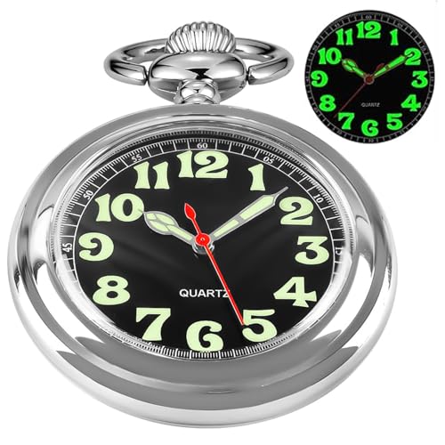 Whodoit Classic Sliver Shiny Arabic Numeral Men's Quartz Pocket Watch, Pocket Watches Gift Quartz Movement for Men with Chain-Sliver