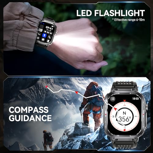 Bassizo Military Smart Watch for Men 3ATM Waterproof with Call/LED Flashlight 2.02" HD Big Screen Rugged Tactical Smartwatch with Compass Fitness Tracker with HR/SPO2/Sleep Monitor for iPhone Android