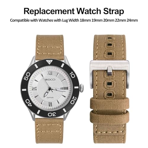 WOCCI 20mm Watch Band, Canvas Fabric, Quick Release, Replacement Strap, Silver Buckle (Khaki)