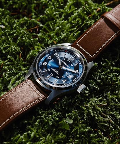 Hamilton Khaki Field Automatic Mens Watch, 42mm Stainless Steel Case, Swiss Made, Blue Dial Analog Wrist Watch for Mens 100 Meters Water resitance, Sapphire Crystal, 3-Hand Movement, Leather Strap