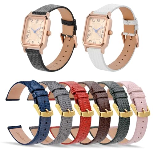 ANNEFIT Women's Leather Watch Band 12mm with Gold Buckle, Lizard Grain Slim Thin Replacement Strap (Black)
