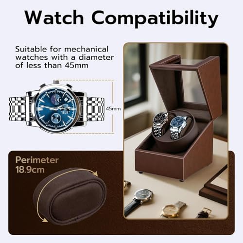 Mcbazel Watch Winder for Automatic Watches, Double Automatic Watch Winder Box with Quiet Japan-made Motor, Automatic Watch Display Storage Rotation Wristwatch Box with 2 Slots (Brown PU Leather)