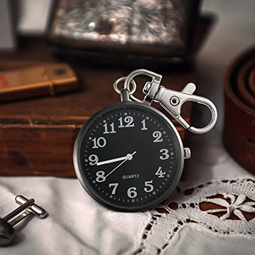 Junkin 2 Pieces Quartz Pocket Watch with Key Buckle Round Keychain Clip on Watch Portable Unisex(Black)