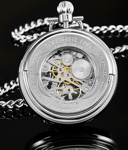 Stuhrling Original Men’s Pocket Watch Mechanical Skeleton Dial Hand Wind Stainless Steel Chain Dual-Sided Display Analog Vintage Style Timepiece No Battery Watch