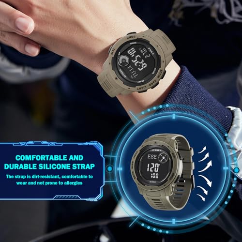 AVTREK Tactical Watch with Compass,50M Waterproof Pedometer, Digital Altimeter Watch for Outdoor Hiking/Climbing(Cafe)