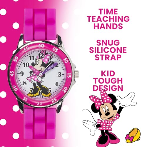 Disney Minnie Mouse Kids' Time Teacher Watch – Pink Rubber Strap, Easy-Read Analog Dial with Minnie Artwork, Enamel Bezel, Educational Watch for Girls – Fits Wrists 5.5" to 8"