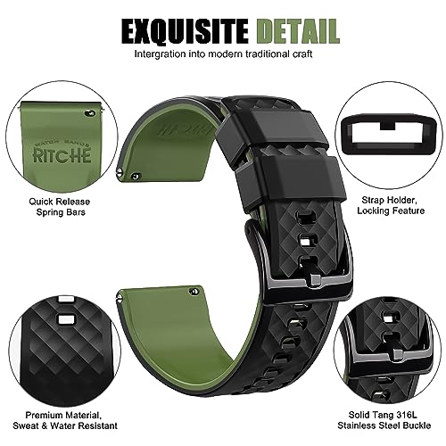 Ritche Silicone Watch Bands 18mm 20mm 22mm 24mm Quick Release Rubber Watch Bands for Men, Black / Army Green / Black, 20mm, Classic,Sport