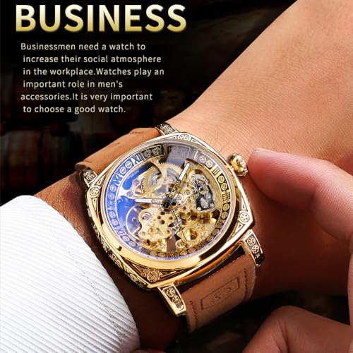 FORSINING Watches for Man, Square Retro Mechanical Watch Self-Wind Carved, Skeleton Automatic Watches Vintage Leather Strap Wristwatch