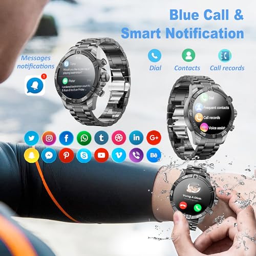OHUGNA Men's Smart Watch Round HD 1.53" Gold Blue Smart Watches for Men, Multiple Sports Modes, Bluetooth Voice Call. Available for iOS and Android (Black Steel)