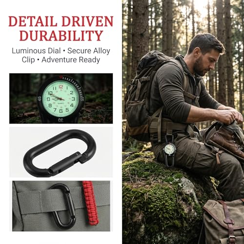 Toyvian Clip-on Carabiner Watches, 2 Pieces Glow in The Dark Quartz Pocket Watches Waterproof Luminous Fob Watch for Men Women Nurses Hikers Doctors Backpacking Heavy Duty Outdoor Timepiece