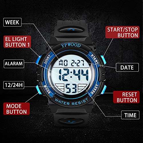 YFWOOD Kids Digital Watch for Boys 5-15, Toddler Watch Waterproof Outdoor Sport Watches, Children Electronic Analog Quartz Wrist Watches with Silicone Band Luminous Alarm Stopwatch, Christmas Birthday Gift for Kids