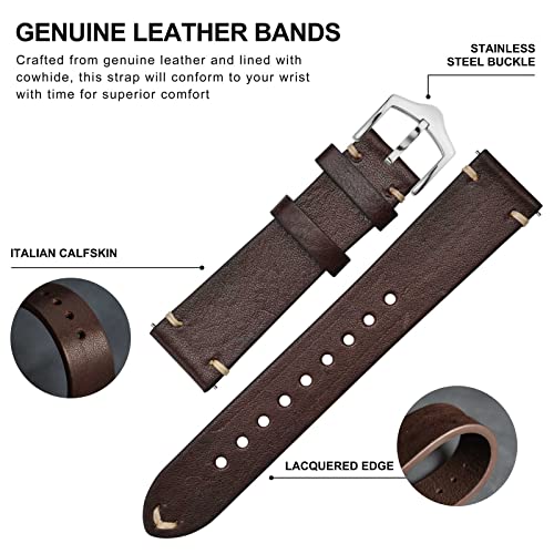 BISONSTRAP Men's Watch Bands, Hand-Stitched Leather Watch Straps, Quick Release, 22mm, Coffee Brown with Silver Buckle