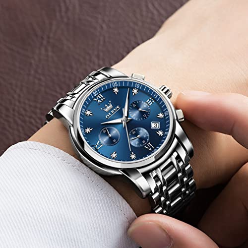 OLEVS Men's Diamond Watches Blue Dial Roman numerals Chronograph Watches for Men Stainless Steel Band Fashion Luminous Hands Multi-Function Quartz Watch Water Resistant Silver Tone Men Watch with Date