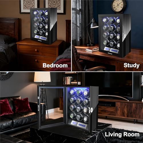 LELTNSOU Watch Winder for 12 Winding Spaces Automatic Watches with Fingerprint Unlock, Ultra-Quiet Japanese Motors, Built-in LED Illumination and LCD Touchscreen Control