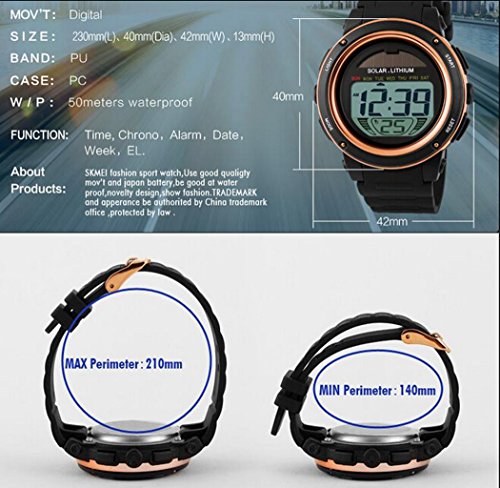 MASTOP Multi Function Solar Power Watch LED Sport Watches Digital Waterproof Chronograph Wrist Watch (Blue)