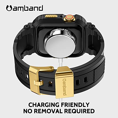 amBand Bands Compatible with Apple Watch 9/8/7 45mm, M1 Sport Series Rugged Case Protective Cover for iWatch 6/SE (3/2/1)/5/4/3 44mm Black Gold