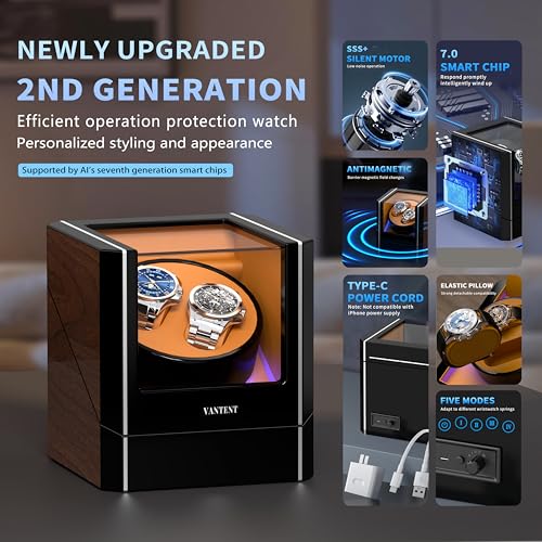 VANTENT Watch Winder for Automatic Watches with Exterior LED Lighting，Shining Finishing and Quiet Japanese Motor 2.0MAX Black (Brown)