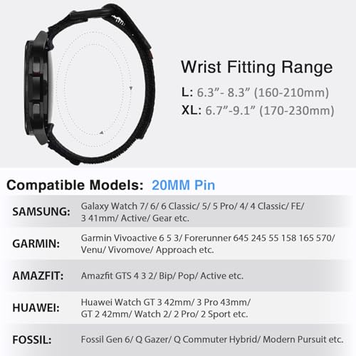 Nereides Band Compatible with Samsung Galaxy Watch 7 6 5 4 40mm 44mm/ Watch 6 4 Classic/Watch 5 Pro/Watch 3 Classic 41mm/Active 2, 20mm Nylon Replacement Sports Strap for Men Women(Black,L)